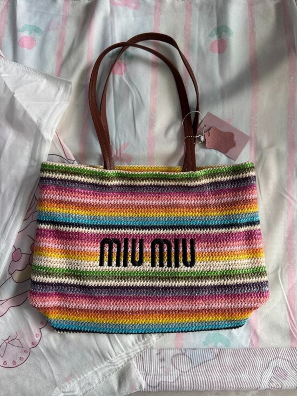 Miu Miu Rainbow Striped Crochet Tote with Brown Leather Handles